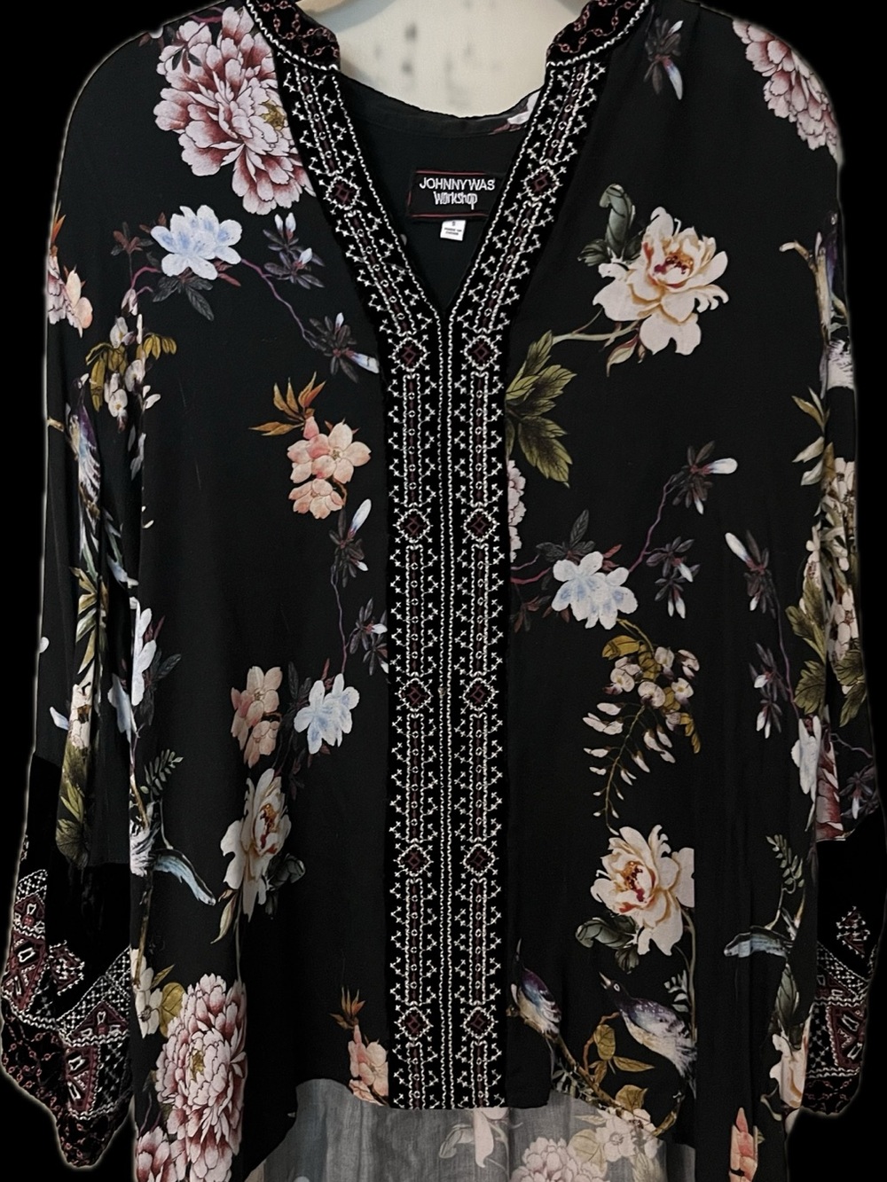 Johnny Was Black Floral Embroidered V-Neck Blouse